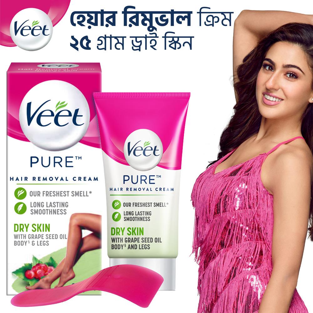 Veet Pure™ Hair Removal Cream 25g Dry Skin for Body & Legs, Freshest Smell with Grape Seed Oil Leaves Skin Feeling Smooth, Moisturized & Visibly Glowing, Dermatologically Tested – 25gm