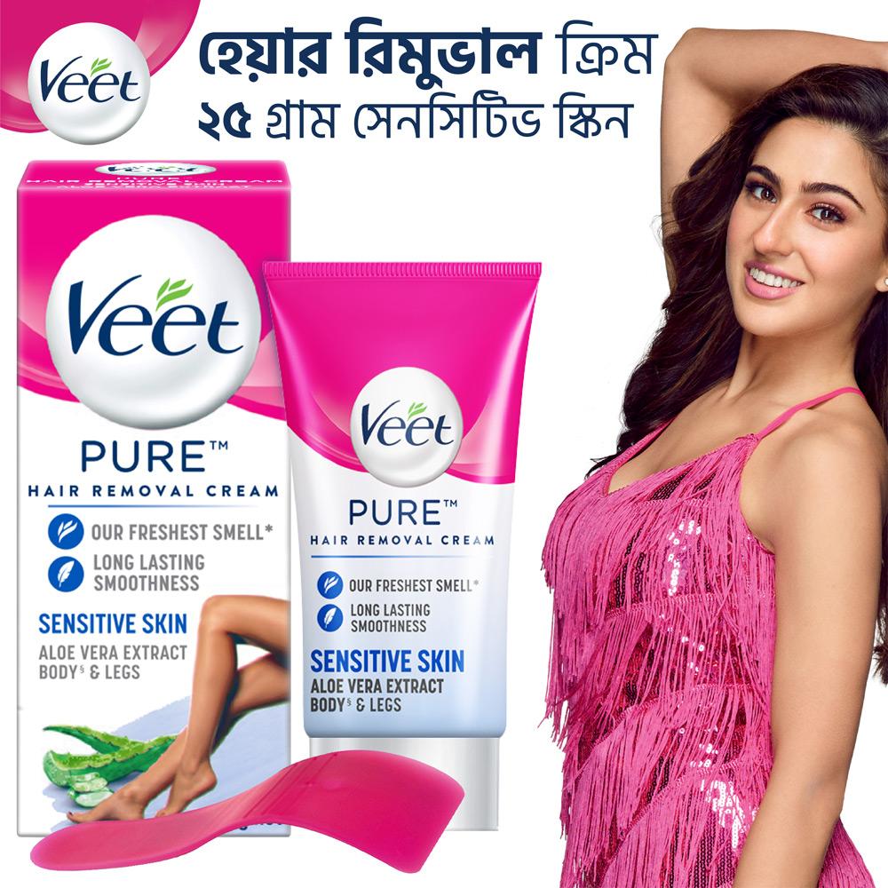 Veet Pure™ Hair Removal Cream 25g Sensitive Skin for Body & Legs, Freshest Smell with Aloe Vera Extract Leaves Skin Feeling Smooth, Moisturized & Visibly Glowing, Dermatologically Tested – 25gm