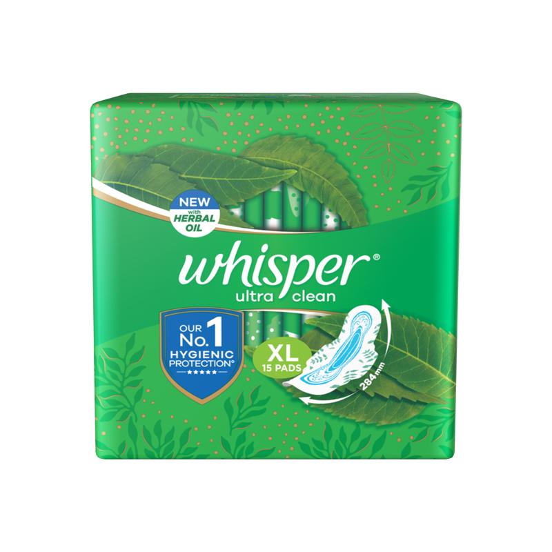 Whisper Ultra Clean Sanitary Pads for Women, XL 15 Napkins
