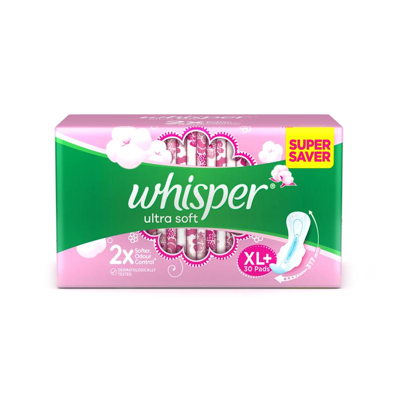 Whisper Ultra Softs Air Fresh Sanitary Pads for Women, XL+ 30 Napkins