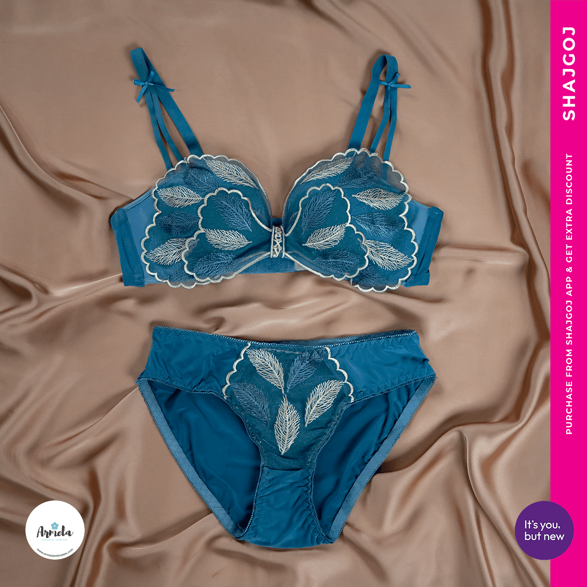 Armela Convertable Butterfly Non Wired Strapless Pushup Bra Set - Sea Green
