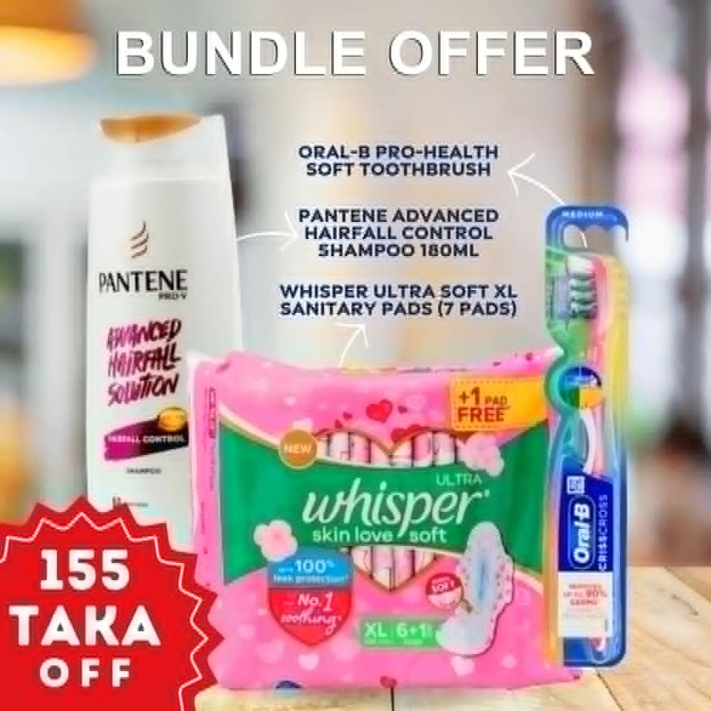 Buy Whisper Ultra Soft Sanitary Pads Xl 7 Pads, Pantene Advanced Hair Fall Solution 180 ml, Oral B Heath Base Toothbrush 1 pcs Get (155 tk off)