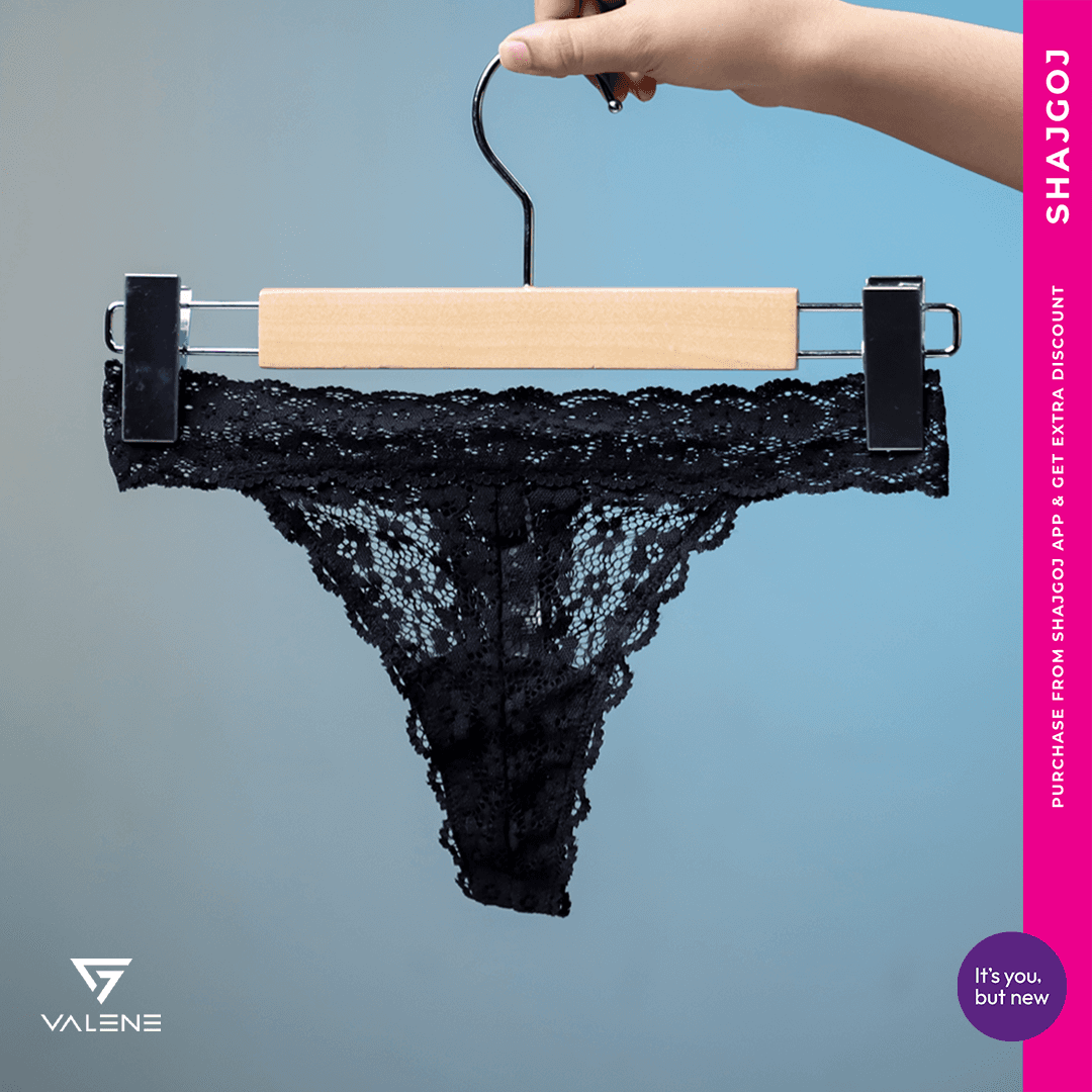 Valene Stretchable Lacy Thong - Black