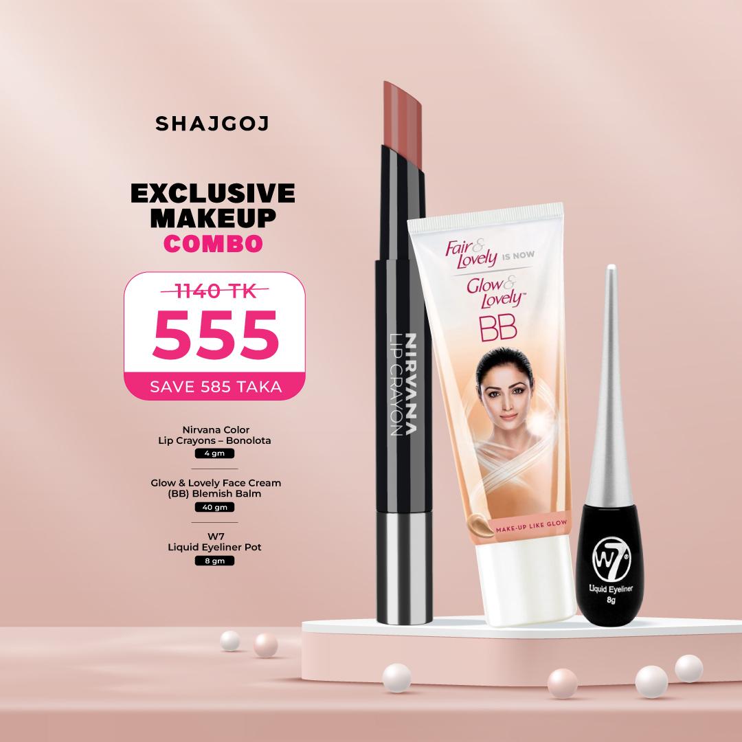 Exclusive Makeup Combo ( Nirvana Color Lip Crayons - Bonolota + W7 Eyeliner + Glow & Lovely Face Cream Blemish Balm)