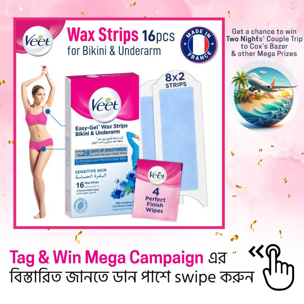 Veet Wax Strips Bikini & Underarm Sensitive Skin 16Pcs (8 Both Side Strips) Up To 28 Days Of Smoothness