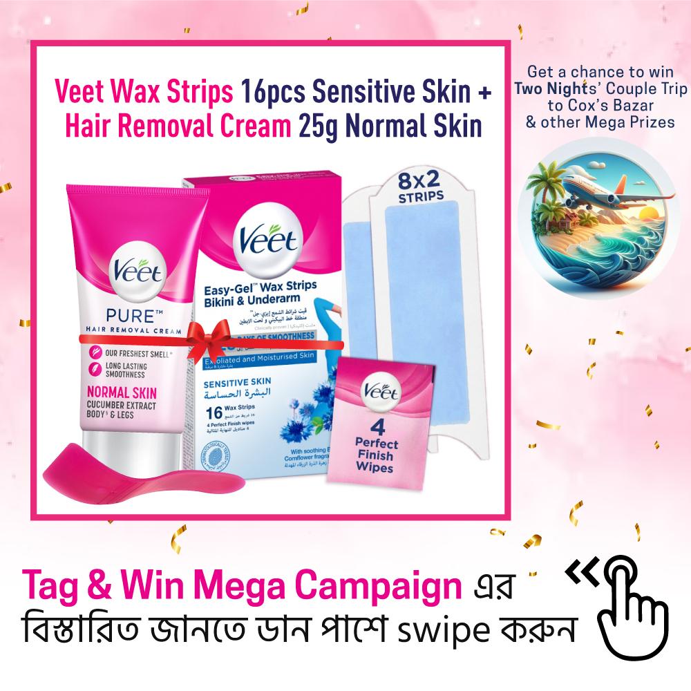 Veet 16pcs Bikini Wax Strips Sensitive Skin + Veet Hair Removal Cream 25g Normal Skin Combo