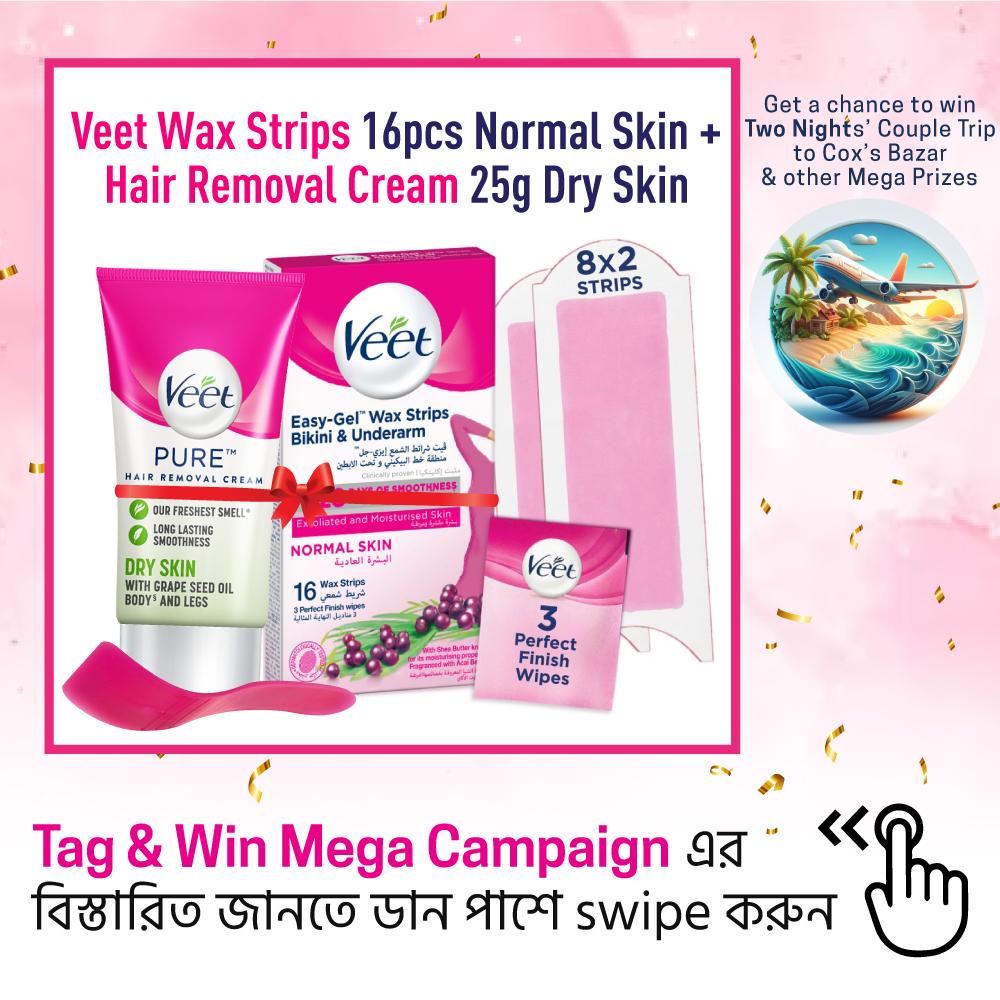 Veet 16pcs Bikini Wax Strips Normal Skin + Veet Hair Removal Cream 25g Dry Skin Combo