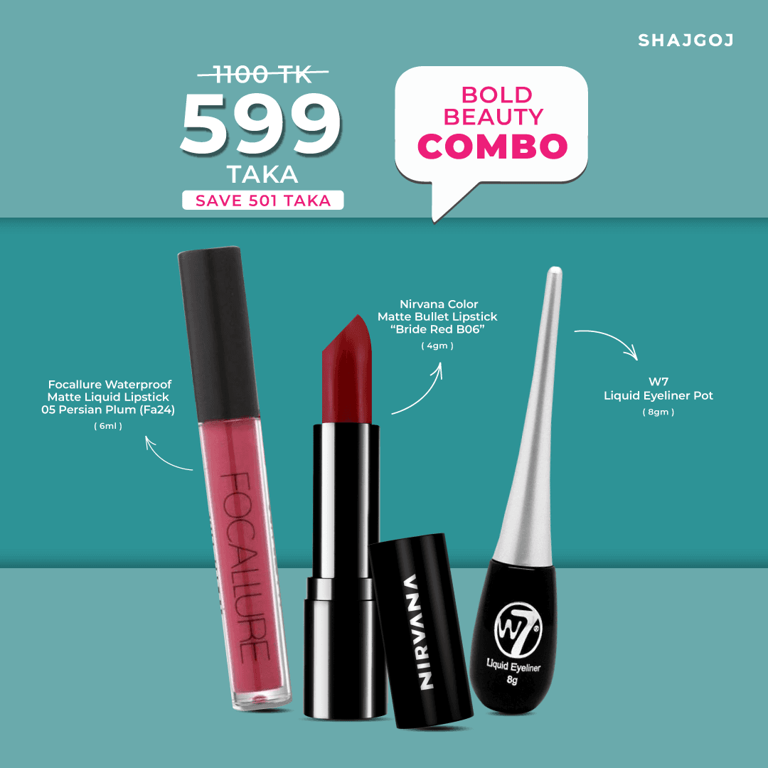 Bold Beauty Combo ( Nirvana Lipstick - Bride Red +  W7 Liquid Eyeliner Pot +Focallure Liquid Lipstick  05 Persian Plum)