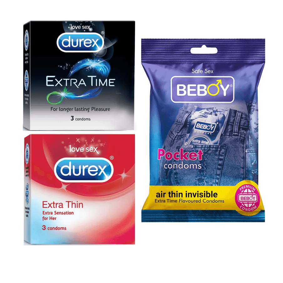 Durex Safe Haven Combo = 9Pcs Condom + Durex Extra Time 3s + Durex Extra Thin 3s + Beboy Air Thin Invisible 3s