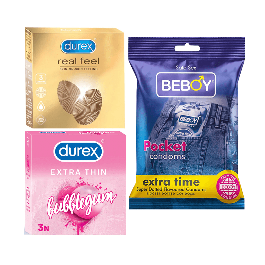 Durex SafetyNet Combo = 9Pcs Condom + Durex Real Feel 3s + Durex BubbleGum 3s + Beboy Extra Time 3s