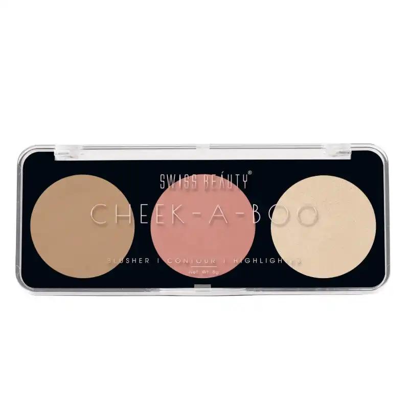 Swiss Beauty CHEEK-A-BOO 3-in-1 Face Palette BLUSHER|CONTOUR|HIGHLIGHTER - Swiss Beauty CHEEK – 8gm