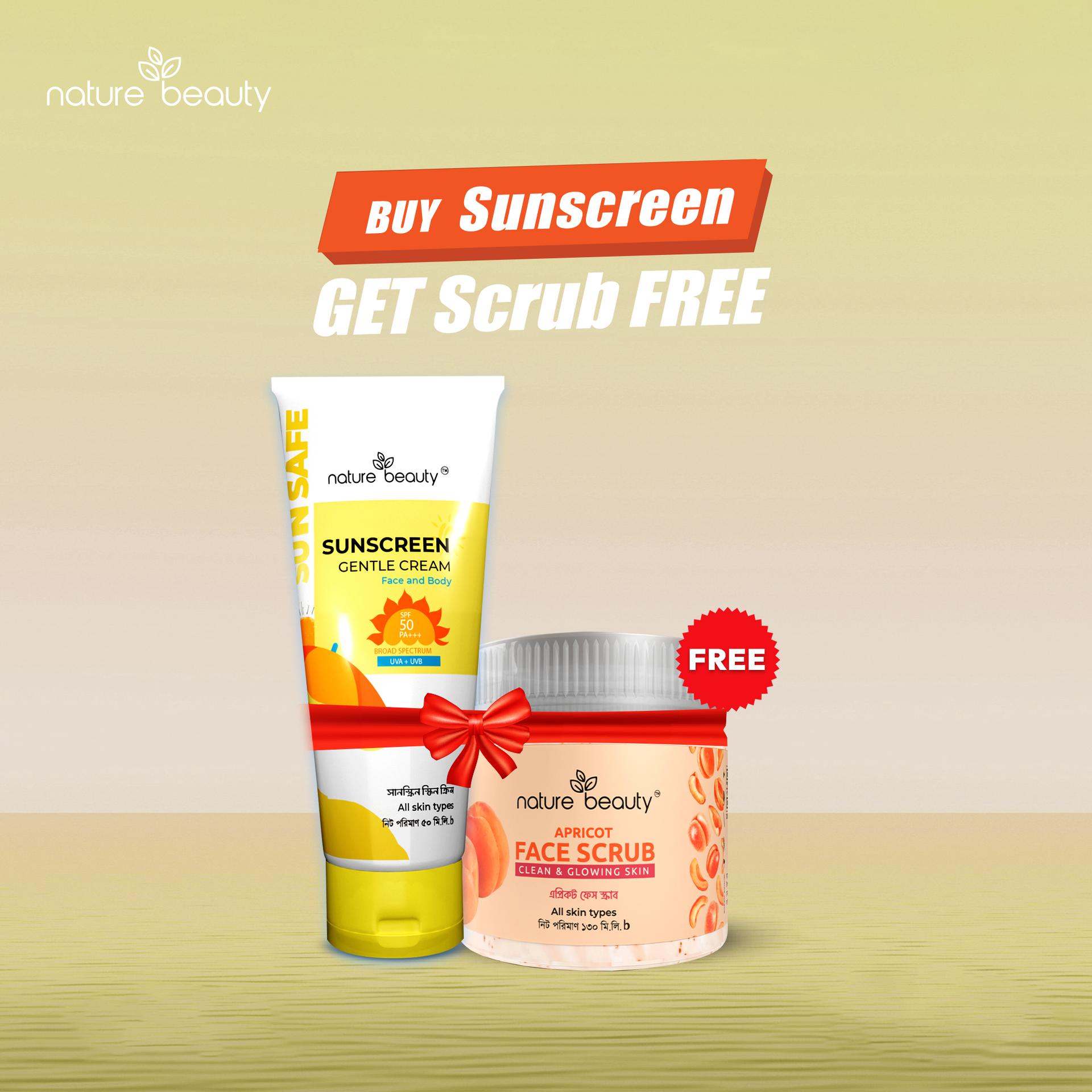 Buy 1 Nature Beauty Suncreen Get 1 Nature Beauty Appricot Scrub Free – 50 ml