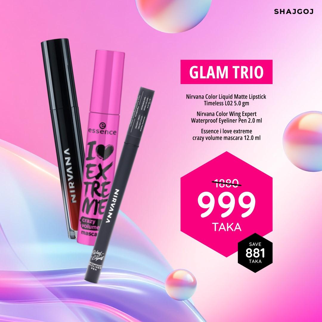 Glam Trio (Nirvana Color Lipstick - Timeless + NIRVANA COLOR Eyeliner Pen + Essence Mascara)