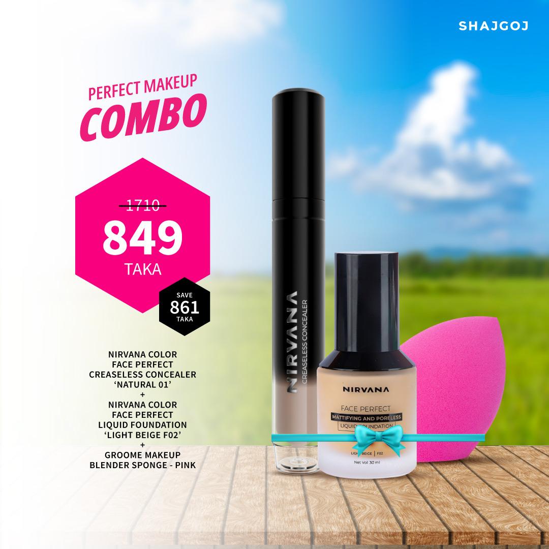 Perfect Makeup Combo (NIRVANA COLOR Concealer - NATURAL 01 + Nirvana Color Foundation - Light Beige F02 +Groome Makeup Blender Sponge - Pink )