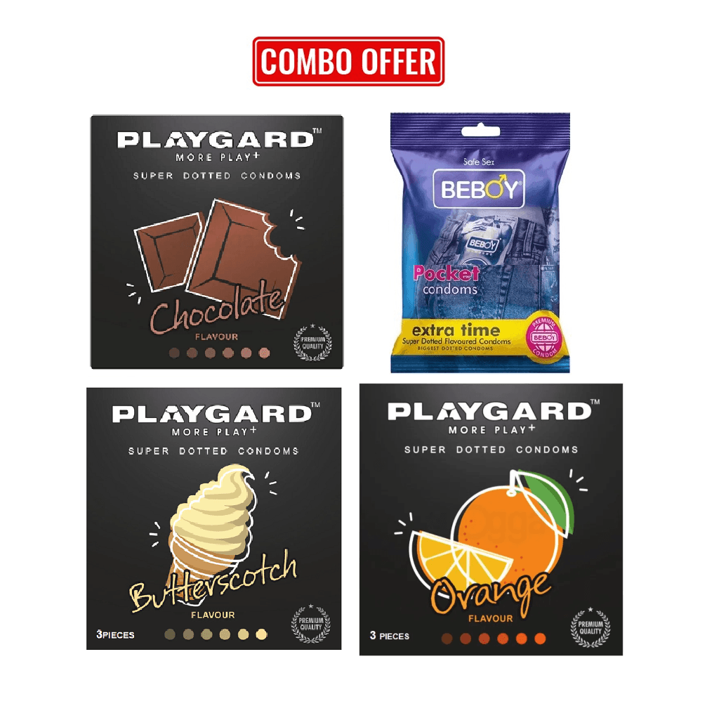 Playgard (Climax Combo Pack) Orange , Chocolate, Butterscotch, Beboy Extra Time Flavoured - DOTTED Condom 3x4 = 12Pcs Pack