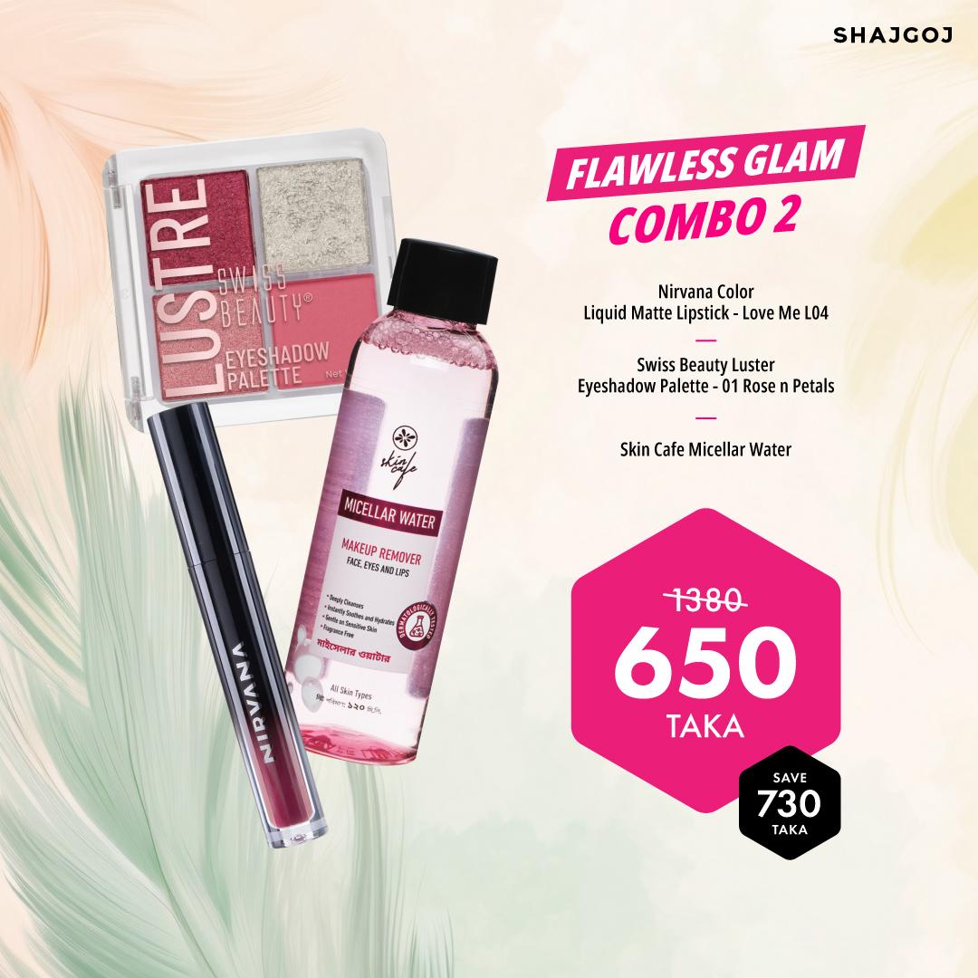 Flawless Glam Combo (Nirvana Color Lipstick - Love Me + Skin Cafe Micellar Water + Swiss Beauty Eyeshadow Palette - 01)