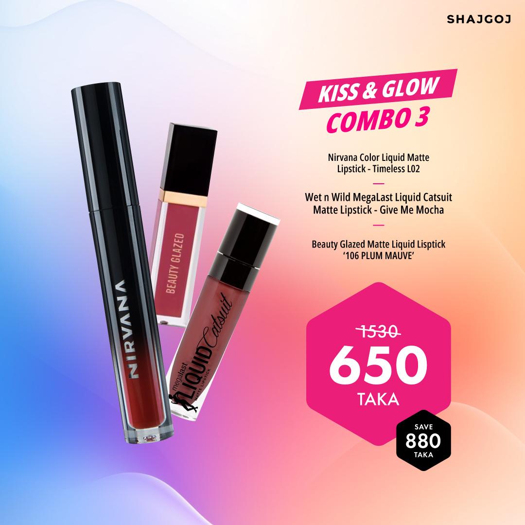 Kiss & Glow Combo 03 (Nirvana Color Liquid Matte Lipstick - Timeless L02 + Beauty Glazed Liquid Lisptick - 106 PLUM MAUVE +  wet n wild  Matte Lipstick - Give Me Mocha