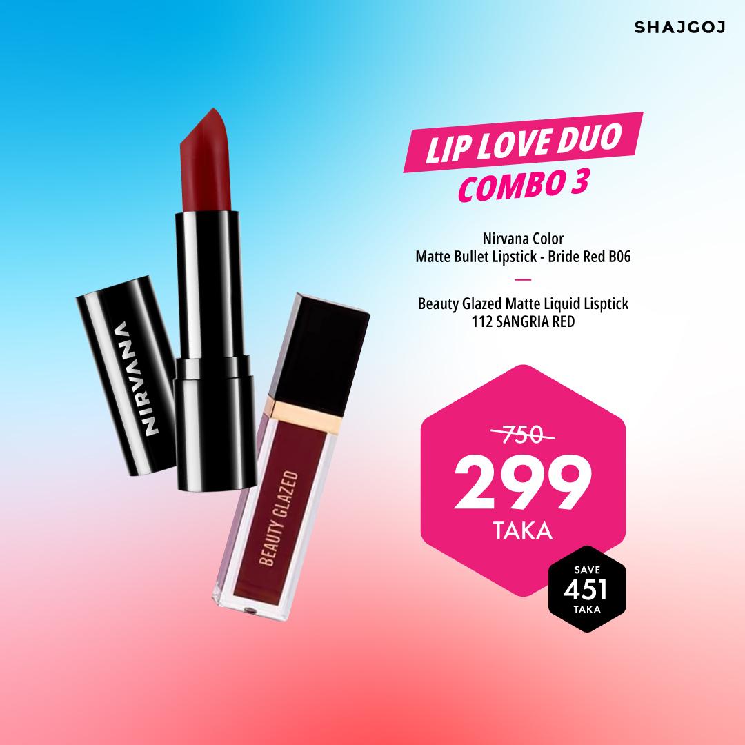 Lip Love Duo Combo 03 (Nirvana Lipstick - Bride Red B06 + Beauty Glazed Liquid Lipstick 112 Sangria Red)