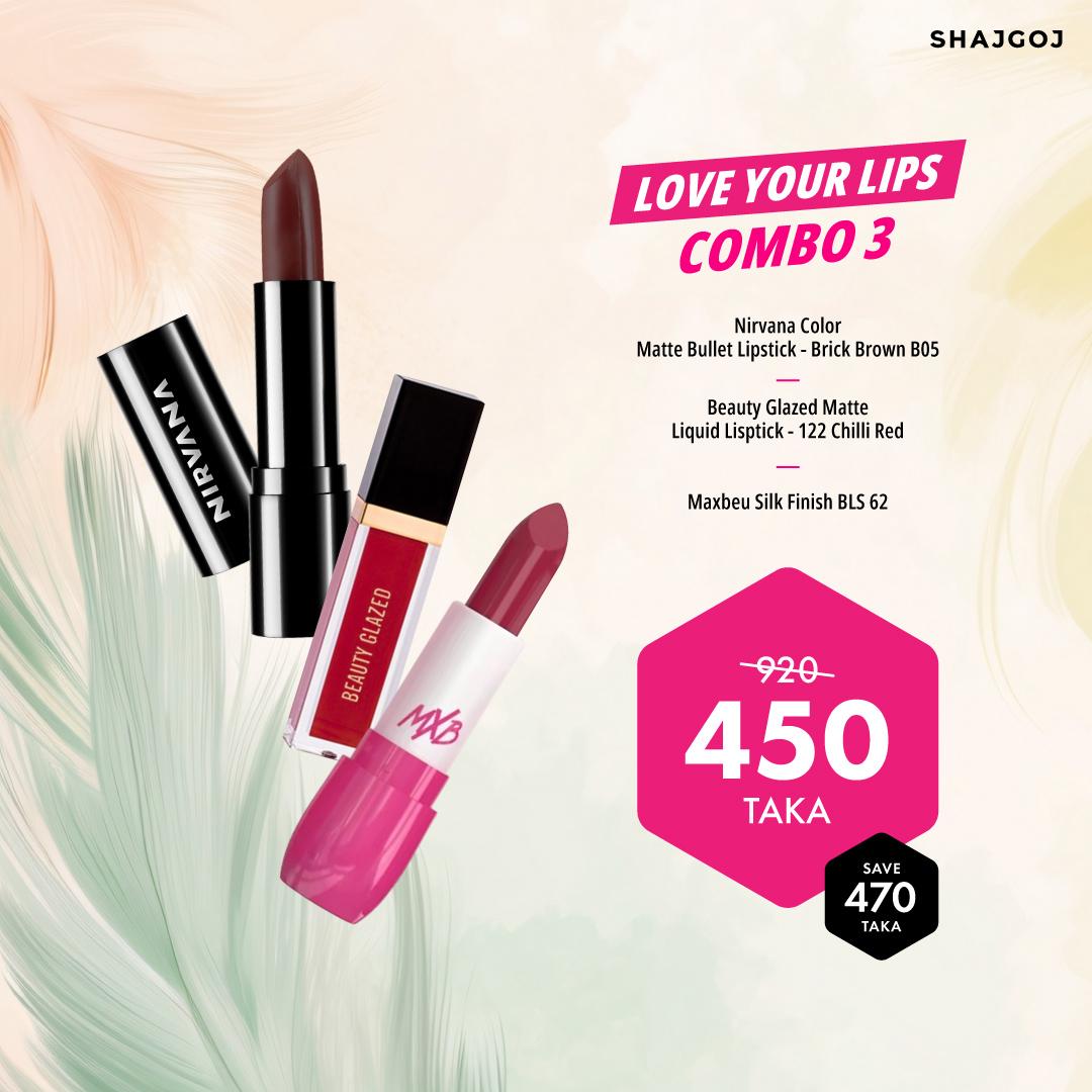 Love Your Lips Combo 03 (Nirvana Color Bullet Lipstick - Brick Brown + Maxbeu Silk Finish + Beauty Glazed Matte Lipstick - 122 )