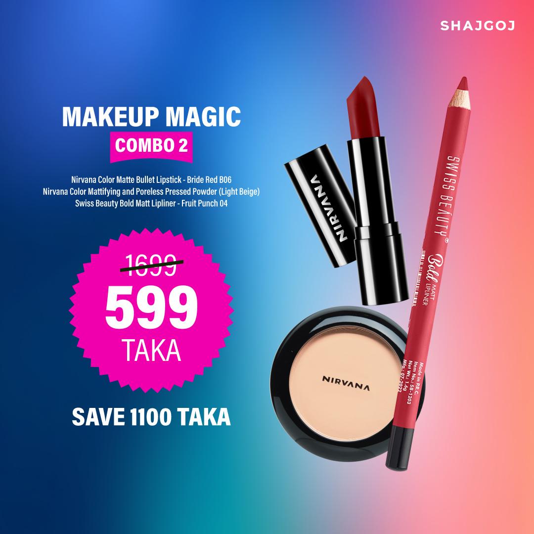 Makeup Magic Combo 02 (Nirvana Color Pressed Powder - Light Beige + Nirvana Color Matte Lipstick - Bride Red + Swiss Beauty Lip Liner - Fruit Punch)