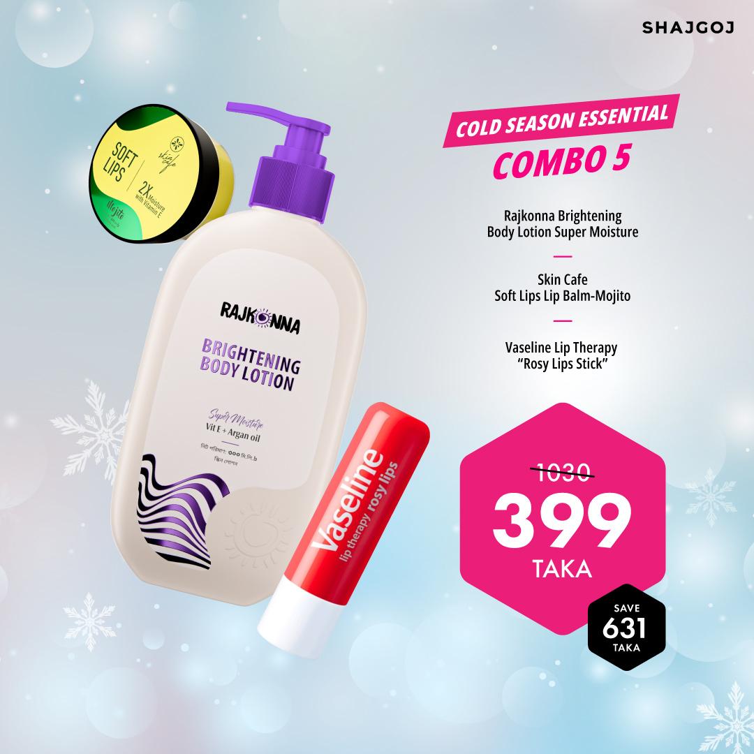 Cold Season Essential Combo 05 (Rajkonna Lotion + Skin Cafe Lip Balm - Mohito + Vaseline Lip Therapy - Rosy Lips Stick)