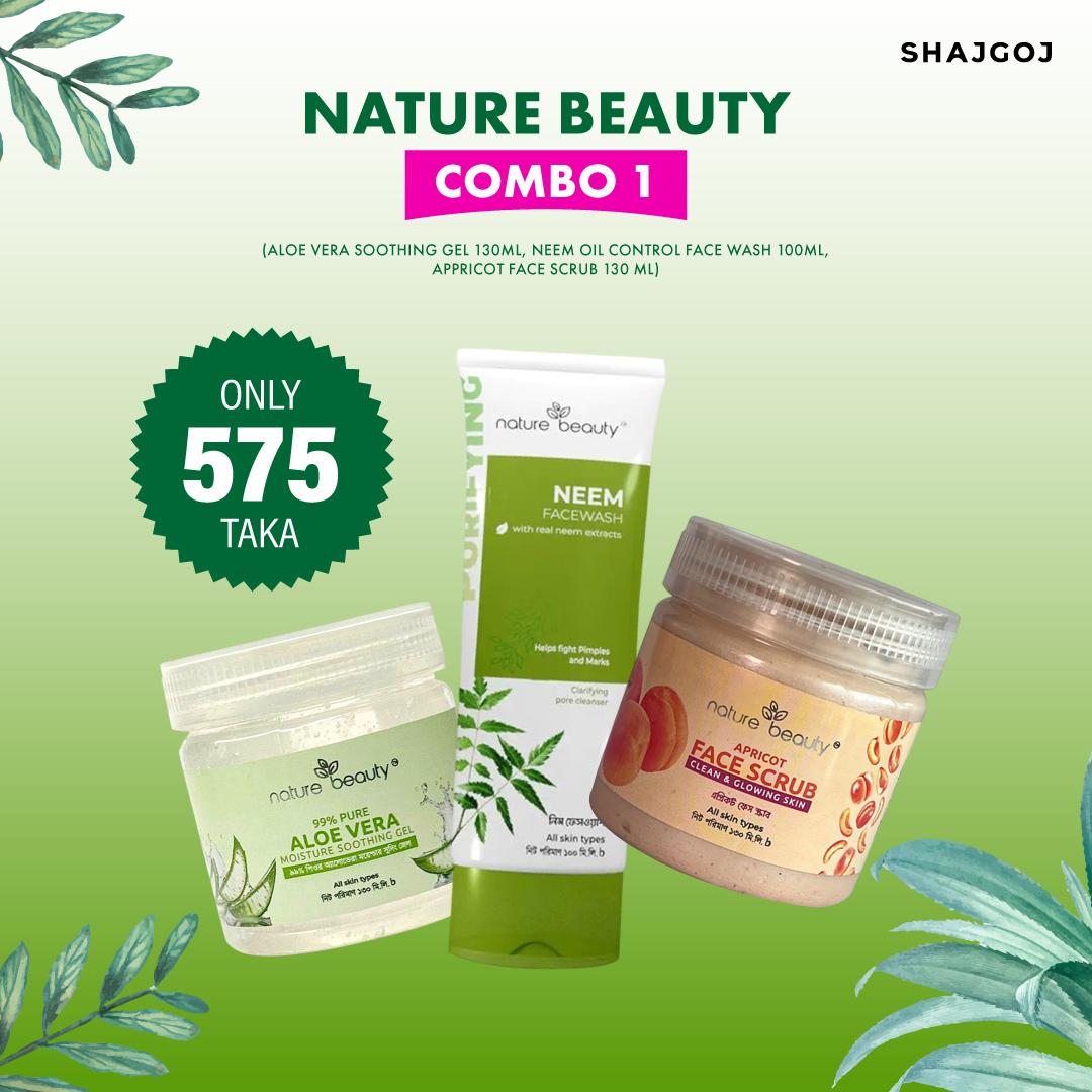 Nature Beauty Combo 1 (Aloe Vera Soothing Gel 130ml,Neem Oil Control Face Wash 100ml,Appricot Face Scrub 130 ml)