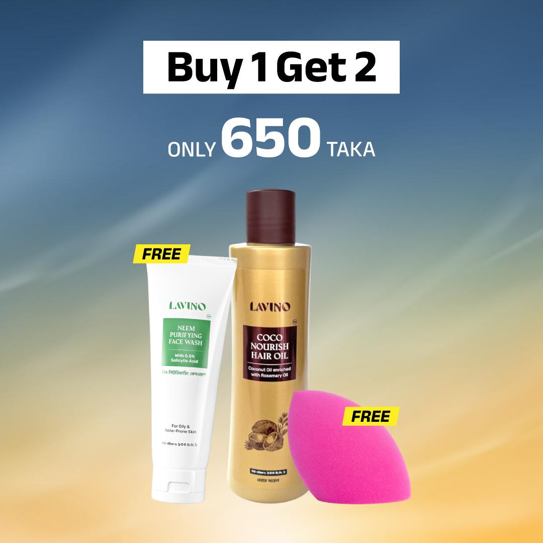 Lavino Coco Nourish Hair Oil + Lavino Neem Purifying Face Wash With 0.5% Salicylic Acid + Groome Makeup Blender Sponge - Pink