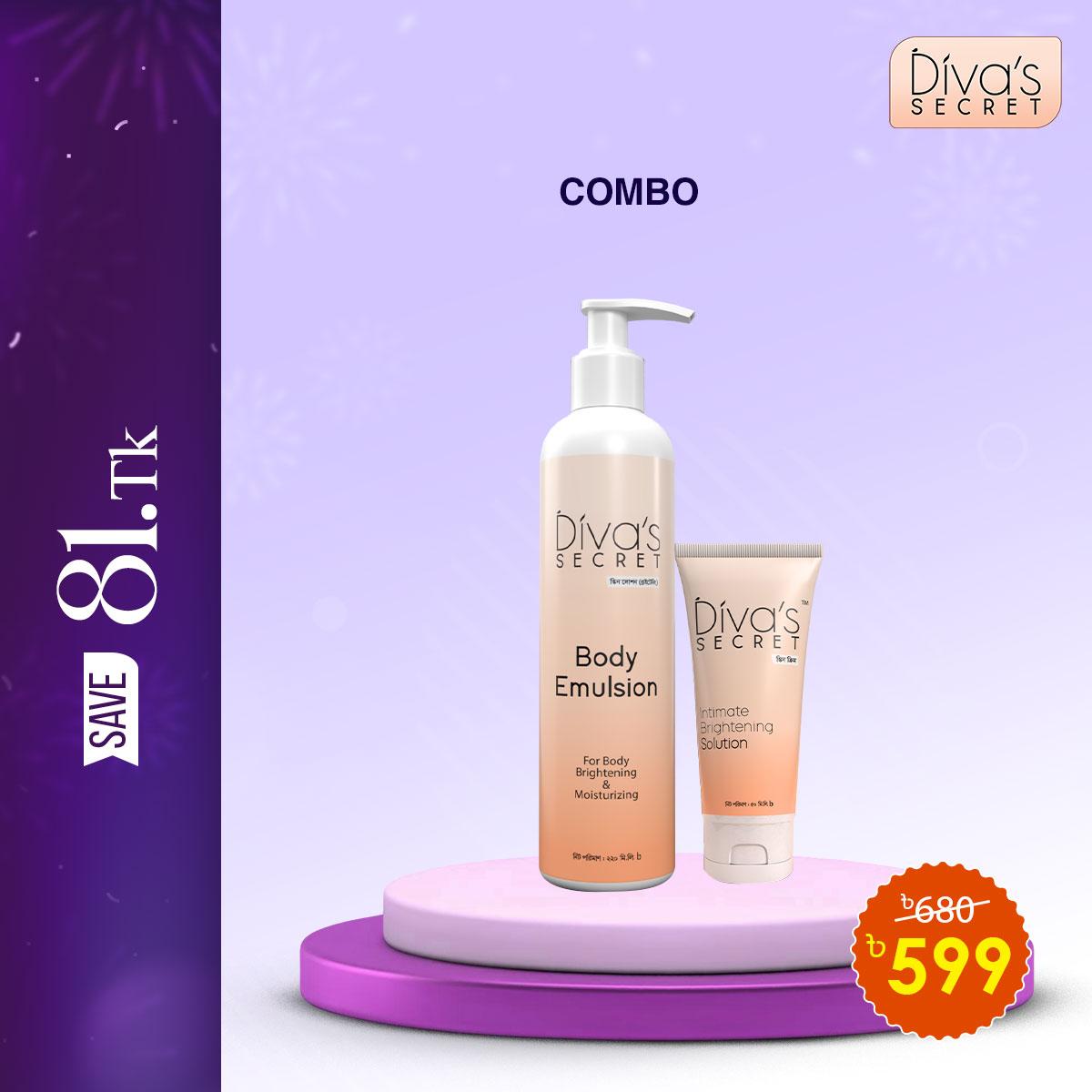 Buy 1 Diva's Secret Body Emulsion 220ml +  1 Divas Secret Intimate Brightening Solution 50ml (Combo)