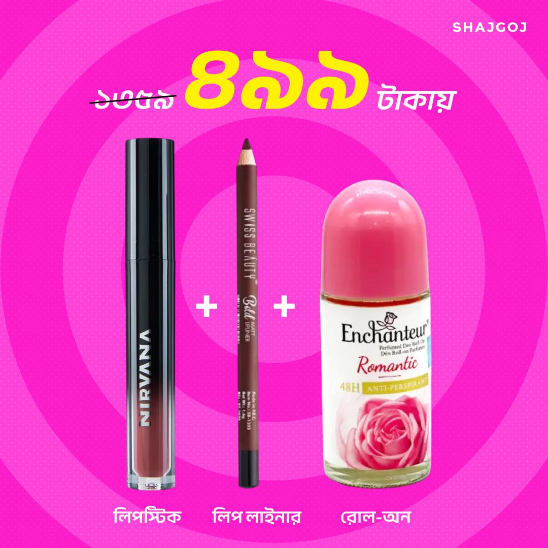 Matte Lip & Floral Fresh Trio ( Nirvana Color Liquid Matte + Swiss Beauty Lipliner + Enchanteur Romantic Roll-On )