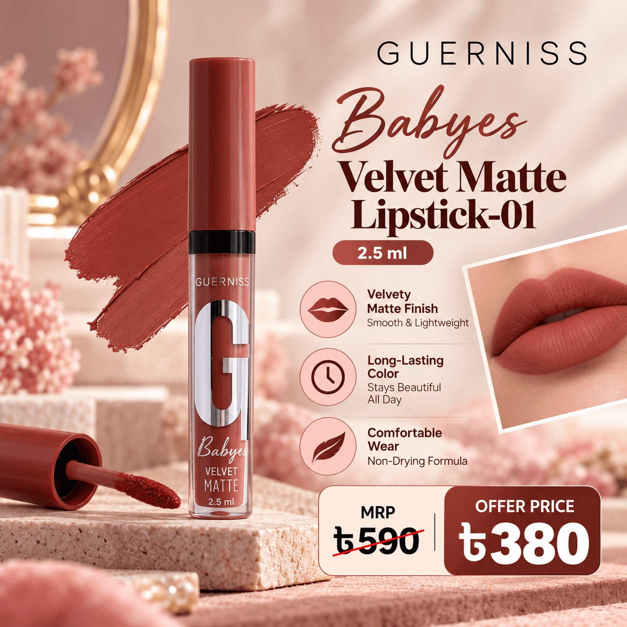 Guerniss Babyes Velvet Matte Lipstick-01 – 2.5 ml