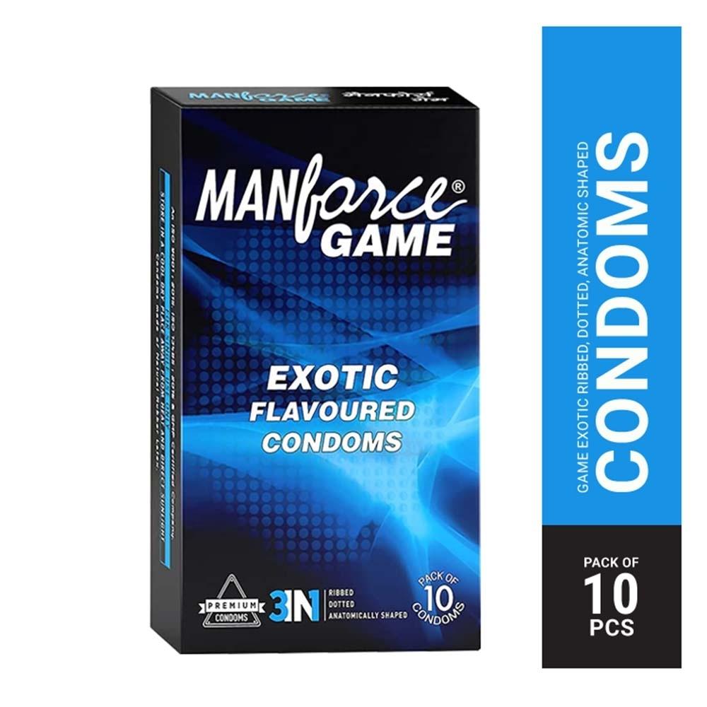 Manforce GAME 3-In-1 Ribbed Dotted Contoured Exotic flavoured Condoms - 10pcs Pack - (Expiry - April, 2027) – Pack of 10 PCS