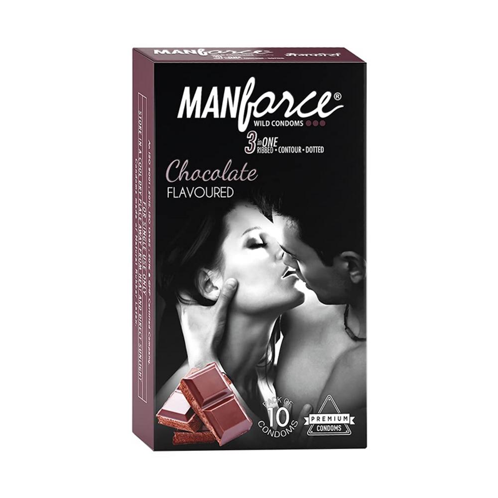 Manforce Condoms Chocolate 10s (3 in 1 ribbed.contour.dotted) (Expiry - April, 2027) – 10 condoms