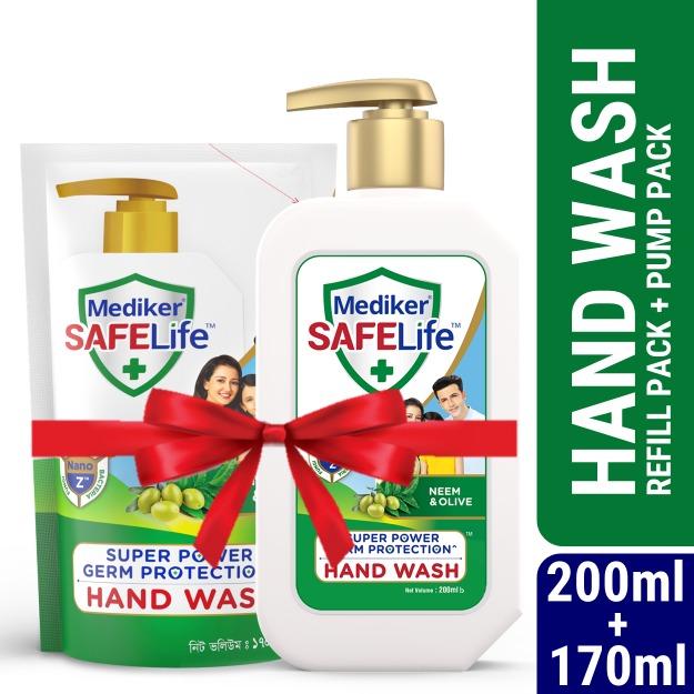 Mediker SafeLife Hand Wash Pump & Refill Combo Pack with Neem & Olive Oil , Protection from Germs , Fights Bacteria, Virus, Fungi , 370ml