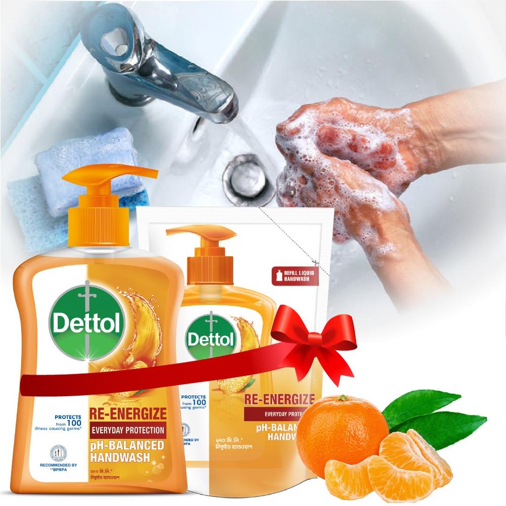 Dettol Handwash Re-Energize Ph Balanced Liquid Soap Pump 200ml + 170ml Refil Combo Protects From 100 Illness Causing Germs