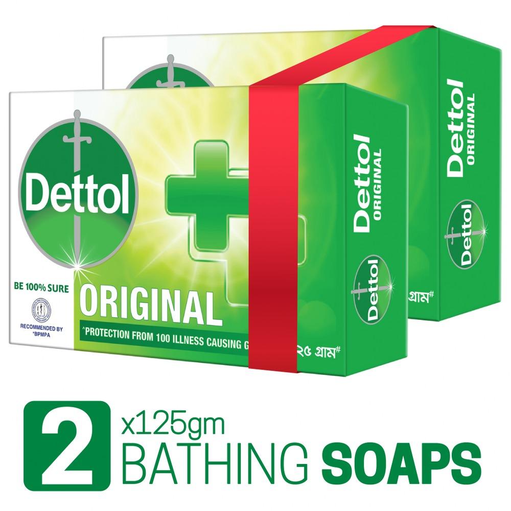 Dettol Soap Original Pack of 2 (125gm X 2), Bathing Bar Soaps with protection from 100 illness-causing germs