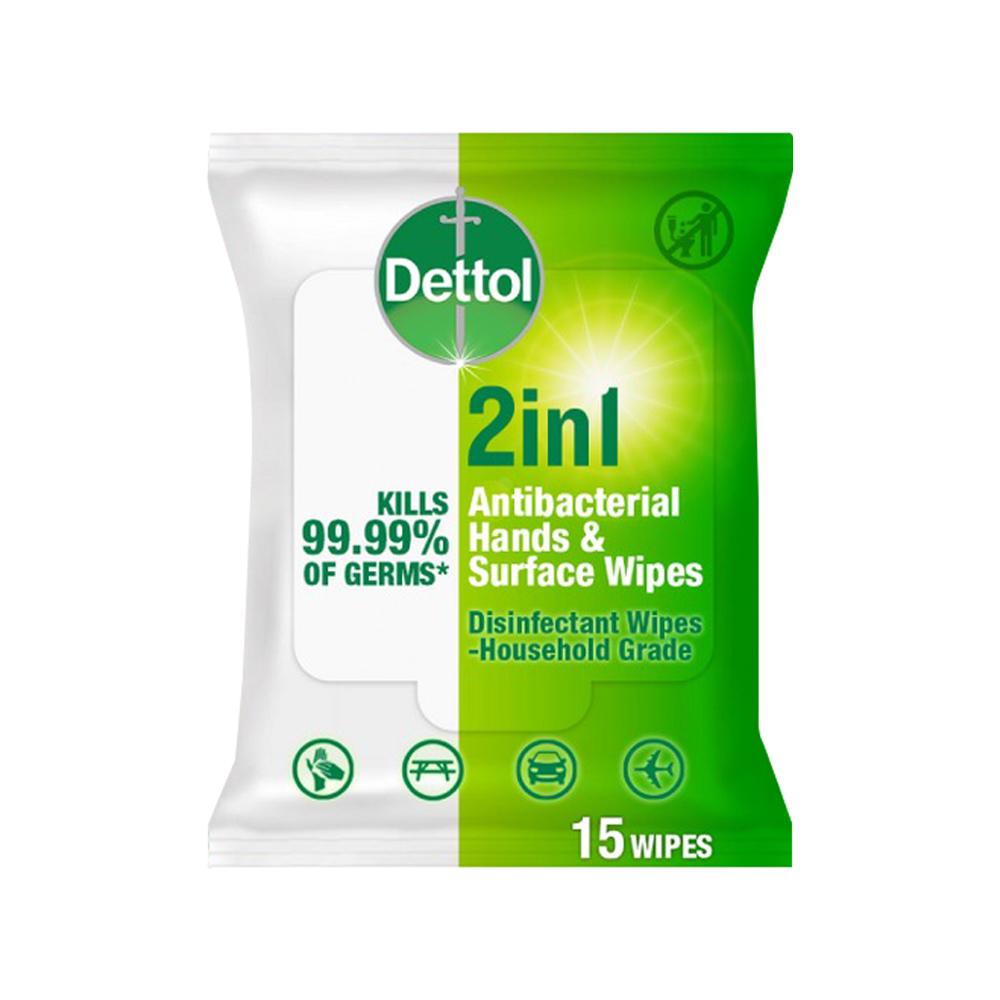 Dettol 2 In 1 Antibacterial Wet Wipes 15Pcs Hand & Surface Disinfectant Kills 99.99% Of Germs