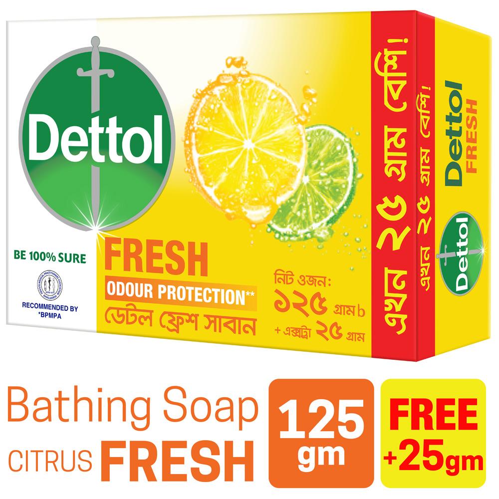 Free 25g Extra with Dettol Soap Citrus Fresh 125gm Bathing Bar, Soap with Odour Protection
