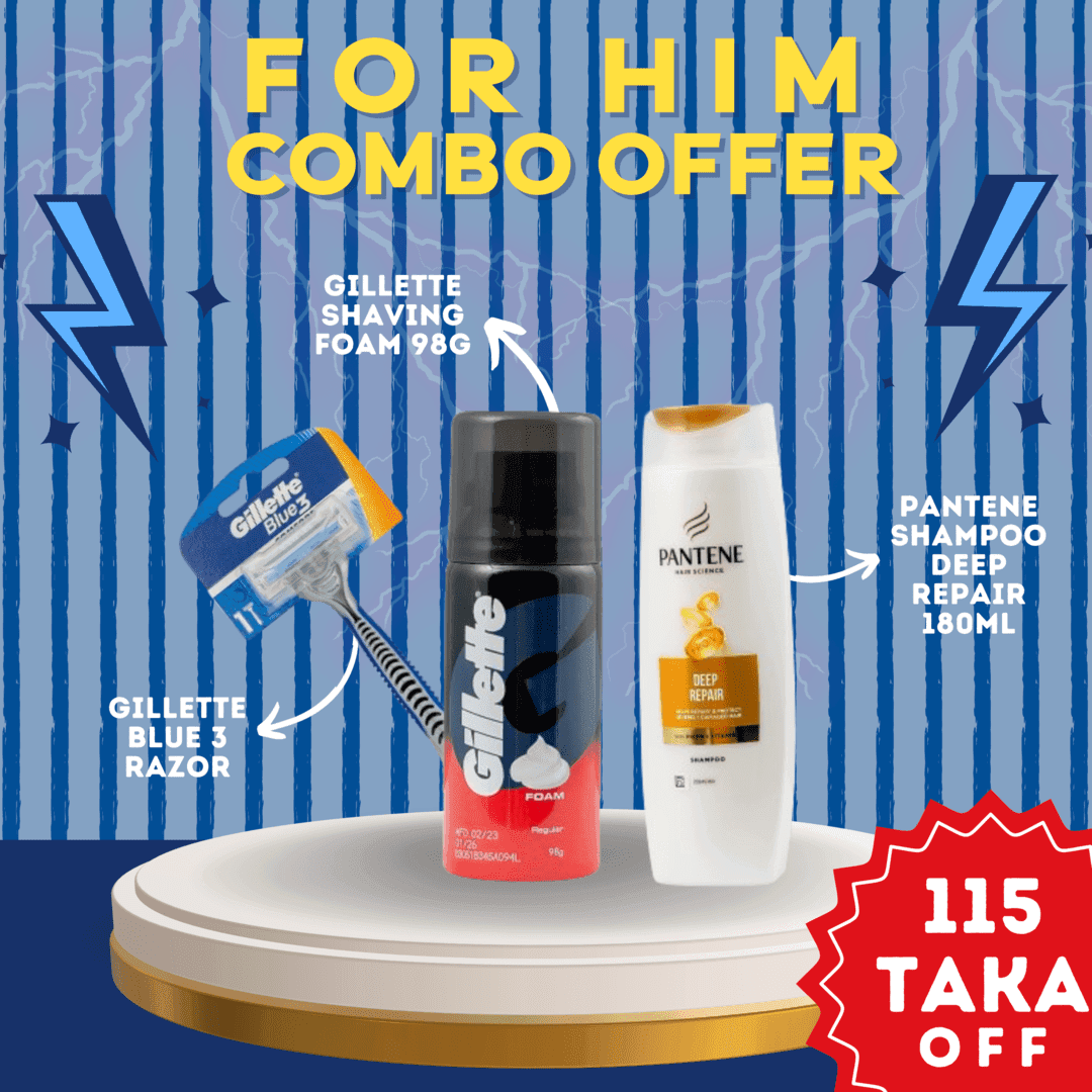 Buy Gillette Blue 3 Disposable Razor,Gillette Classic Regular Pre Shave Foam-98gm, Pantene Shampoo Damage Repair 180ml Get (115 tk off)