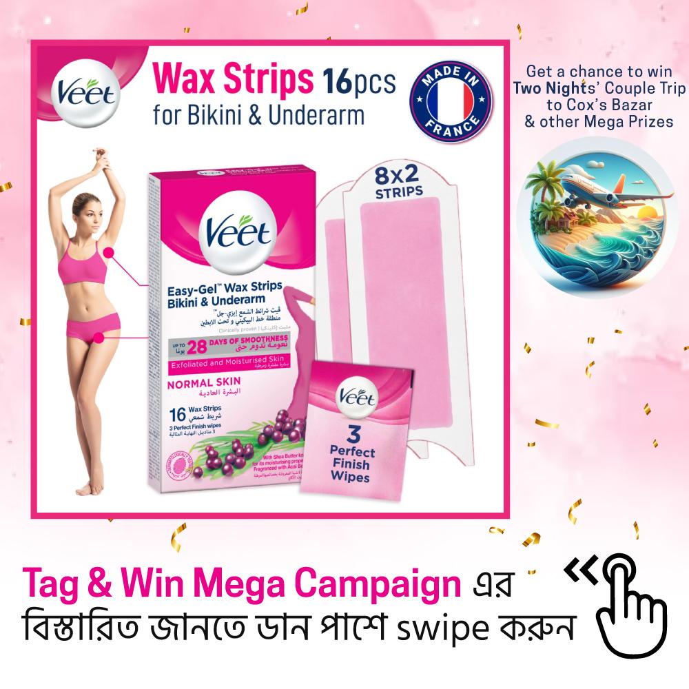 Veet Wax Strips Bikini & Underarm Normal Skin 16 Pcs (8 Both Side Strips) Up To 28 Days Of Smoothness