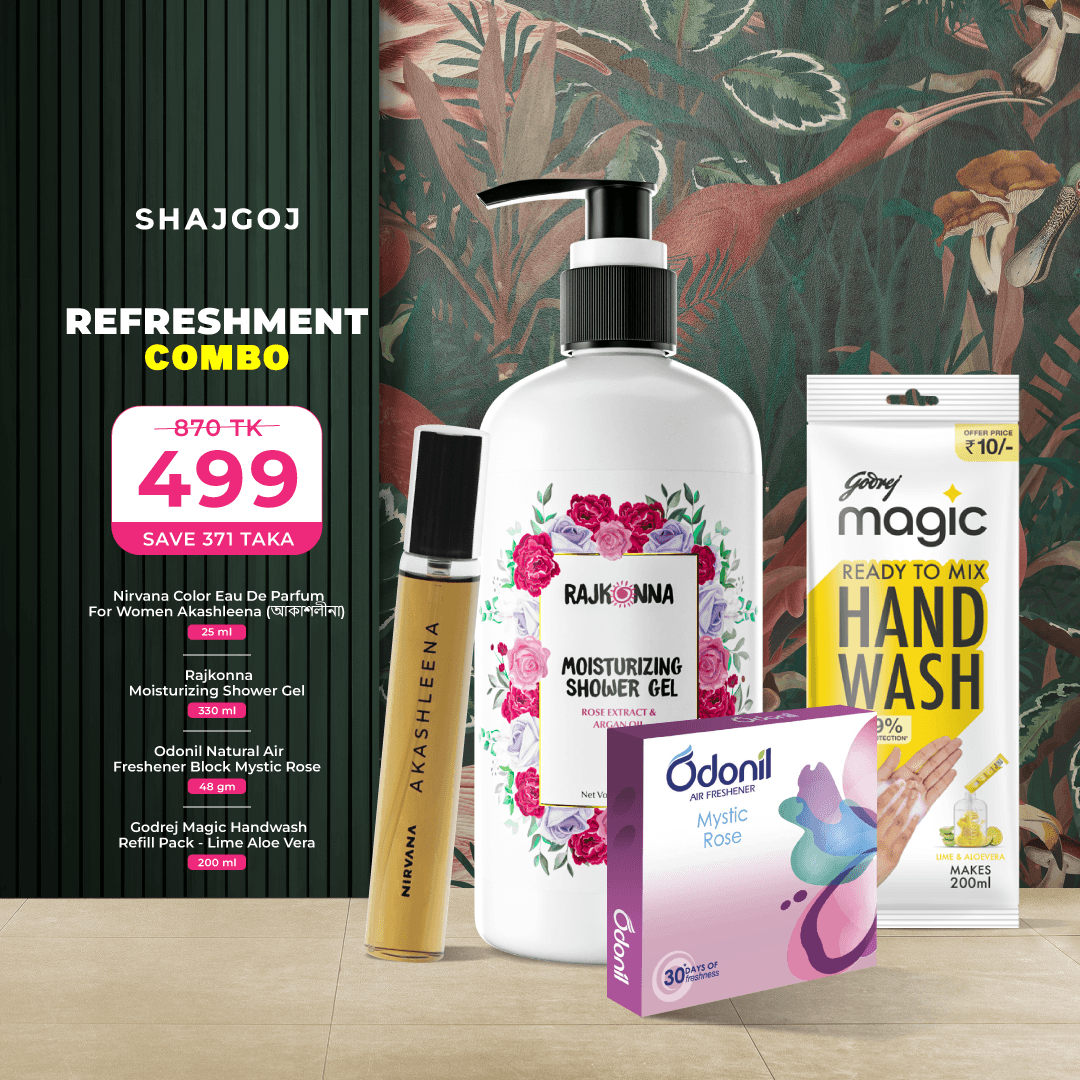 Refreshment Combo (Rajkonna Moisturizing Shower Gel +Nirvana Color Eau De Parfum For Women Akashleena + Godrej Magic Handwash Refill Pack - Lime Aloe Vera + Odonil Natural Air Freshener Block Mystic Rose )