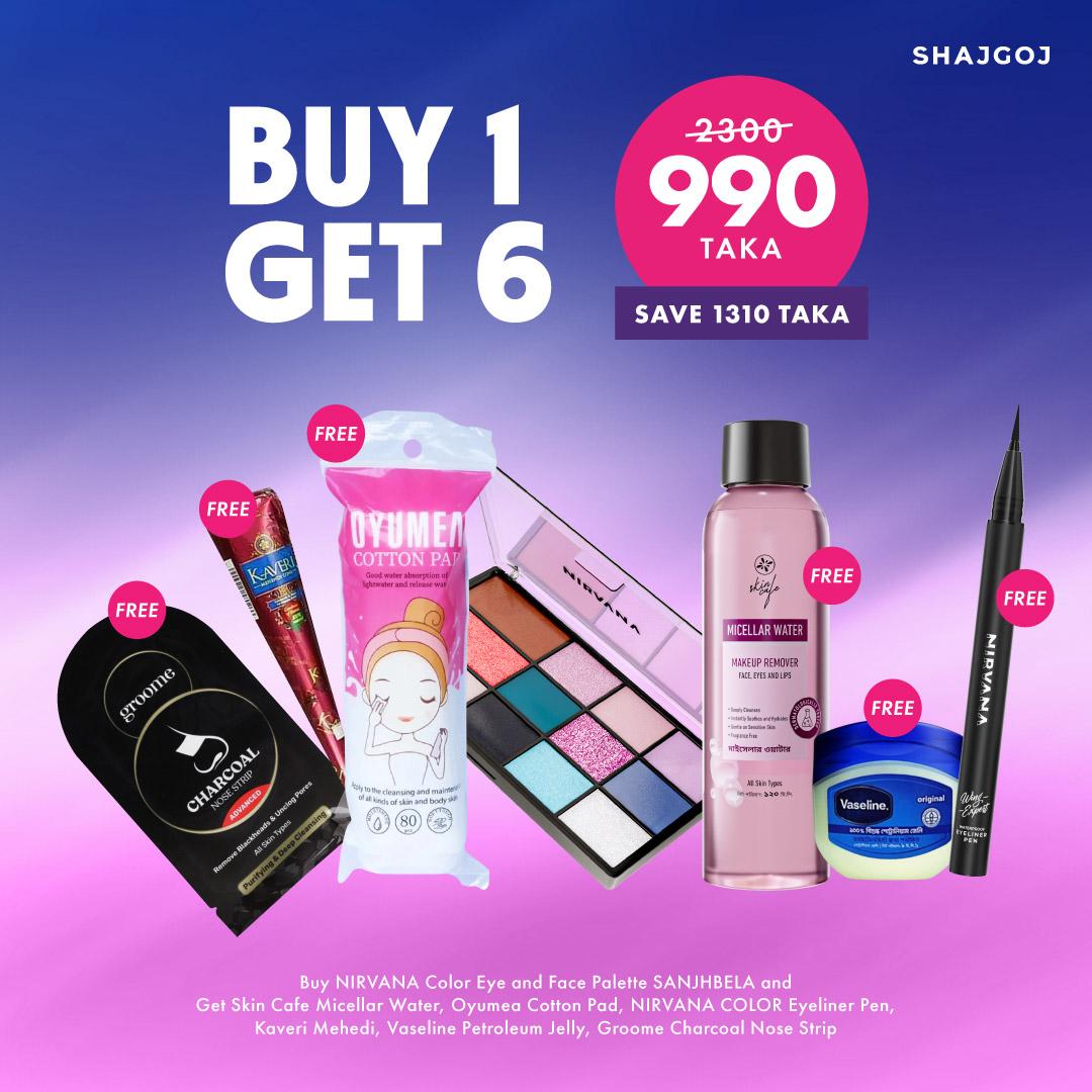 Buy 1 Get 6 (Buy NIRVANA Color Eye and Face Palette SANJHBELA and Get Skin Cafe Micellar Water, Oyumea Cotton Pad, NIRVANA COLOR Eyeliner Pen, Kaveri Mehedi, Vaseline Petroleum Jelly, Groome Charcoal Nose Strip)