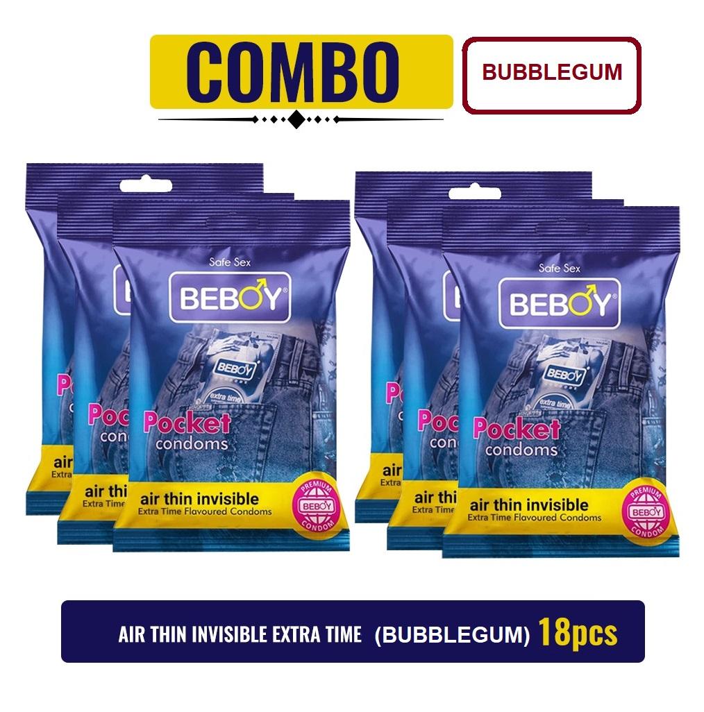 Beboy Extra Time Air Thin Invisible Condom (BubbleGum Flavour) Pouch Pack (Combo) 3x6 - 18Pcs
