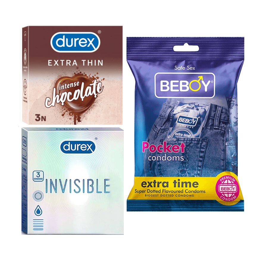 Durex ChocoGuard Combo = 9Pcs Condom + Durex Invisible 3s + Durex Chocolate 3s + Beboy Extra Time 3s Condom