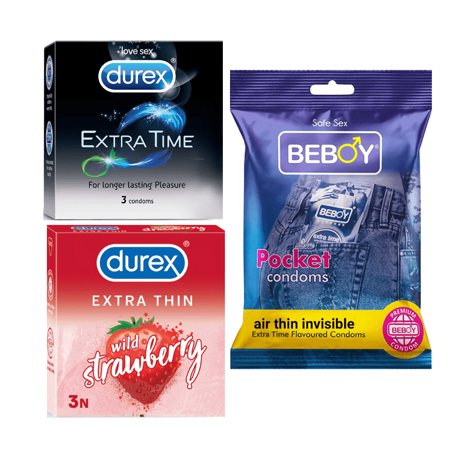 Durex UltraSafe Combo = 9Pcs Condom + Durex Extra Time 3s + Durex Strawberry 3s + Beboy Air Thin Invisible 3s