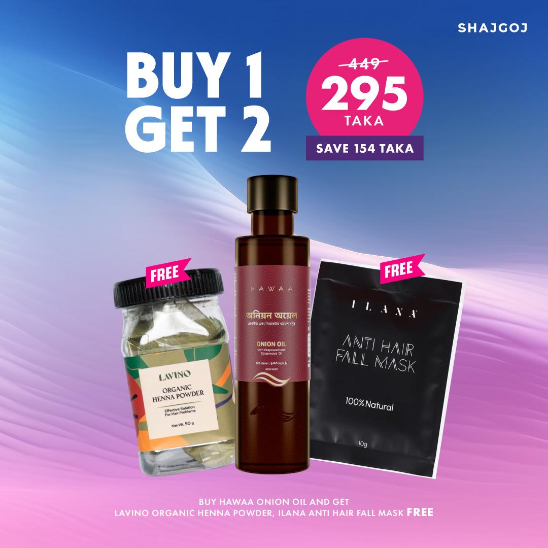 Buy 1 Get 2 (Buy Hawaa Onion Oil and Get Lavino Organic Henna Powder, Ilana Anti Hair Fall Mask Free)