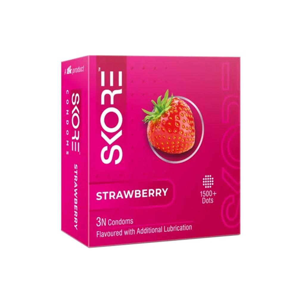 SKORE Strawberry Flavoured With 1500+ Dots Condom - 3Pcs Pack