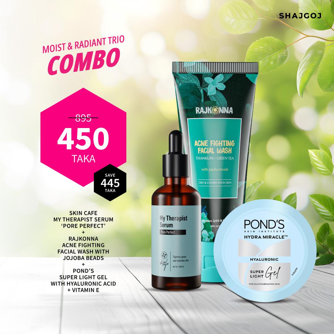 Moist & Radiant Trio (Skin Cafe Serum - Pore Perfect + Rajkonna Acne Fighting Face Wash + Ponds Super Light Gel with Hyaluronic Acid + Vitamin E ) – Pond's