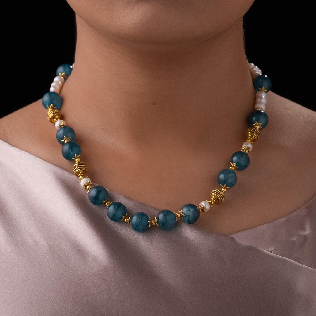 White Pearl with Turquoise Stone Necklace – Shajgoj