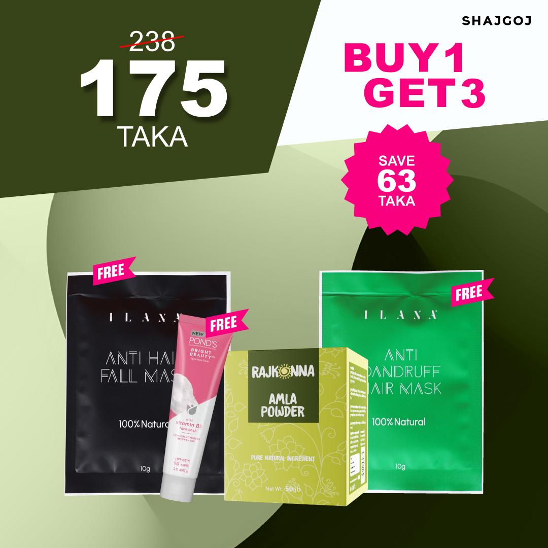 Buy1 get 3 (Buy Rajkonna Amla Powder and Get Ilana Anti Dandruff Hair Mask, Pond's Bright Beauty Face Wash, Ilana Anti Hair Fall Mask Free)