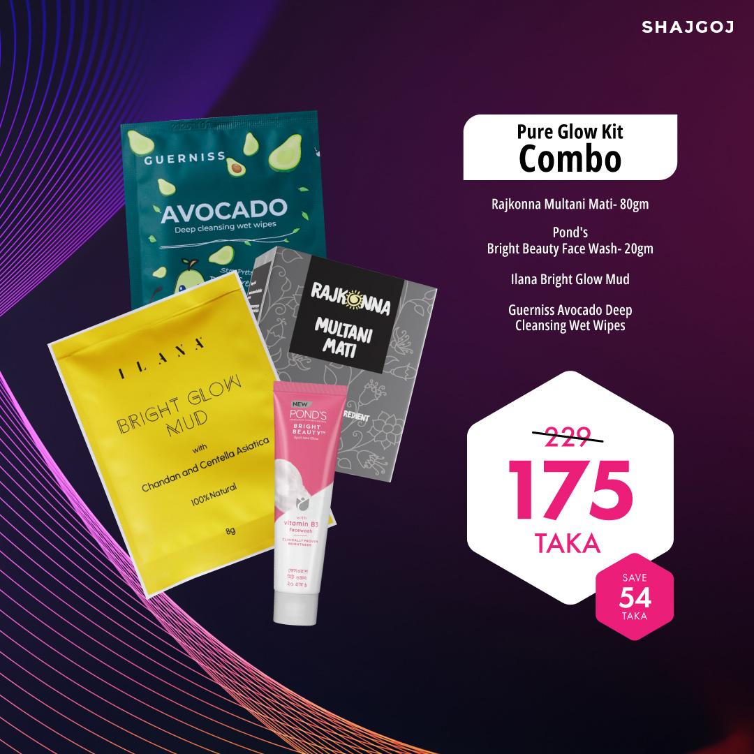 Pure Glow Kit (Rajkonna Multani Mati + Guerniss Cleansing Wet Wipes + Pond's Bright Beauty Face Wash + Ilana Bright Glow Mud)